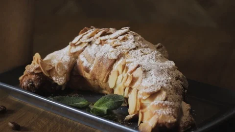 Breakfast set. Freshly baked croissants,cup of coffee Stock Footage 106949779