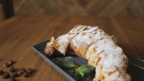 Breakfast set. Freshly baked croissants,cup of coffee Stock Footage 106949822