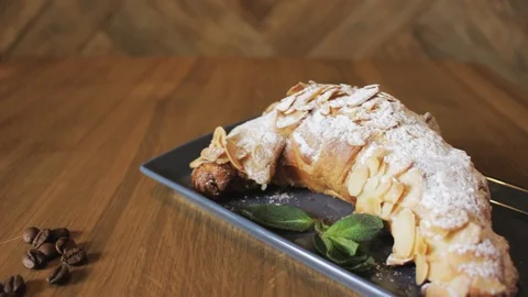 Breakfast set. Freshly baked croissants,cup of coffee Stock Footage 106949828