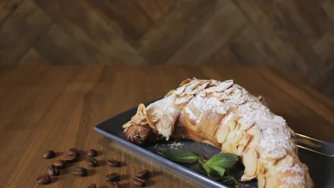 Breakfast set. Freshly baked croissants,cup of coffee Stock Footage 106949873