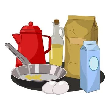 Breakfast set: frying pan, eggs, milk, olive oil, teapot, flour Stock Illustration