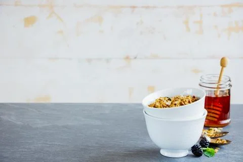 Breakfast set with granola Stock Photos