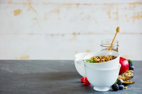 Breakfast set with granola Stock Photos