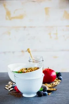 Breakfast set with granola Stock Photos