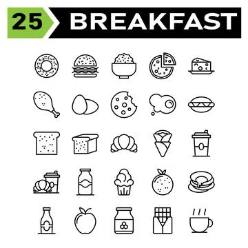 Breakfast set include donuts, food, junk, sweet, breakfast, hamburger, stall, Illustrazione stock