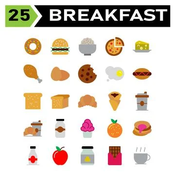 Breakfast set include donuts, food, junk, sweet, breakfast, hamburger, stall, Illustrazione stock