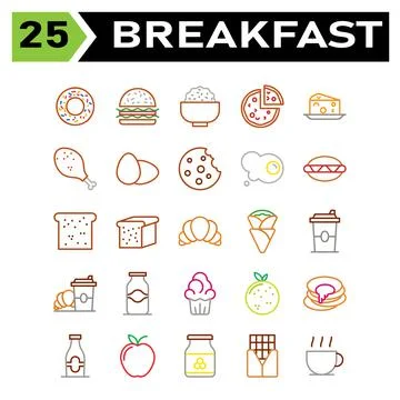 Breakfast set include donuts, food, junk, sweet, breakfast, hamburger, stall, Illustrazione stock