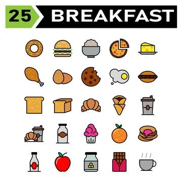 Breakfast set include donuts, food, junk, sweet, breakfast, hamburger, stall, Stock Illustration