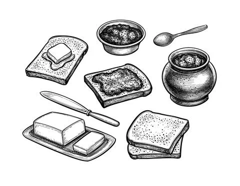 Breakfast set ink sketch. Stock Illustration