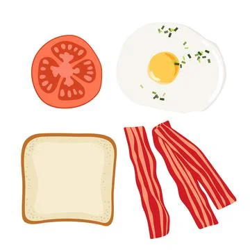 Breakfast set. Toast, one fried egg, tomato slice, three pieces of bacon Stock Illustration