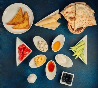 Breakfast set top view on the table Stock Photos