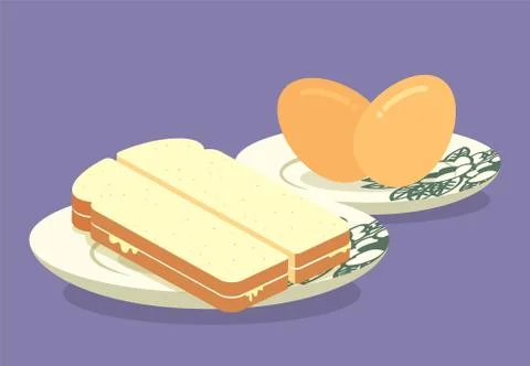 Breakfast set. Traditional half boiled eggs and kaya butter toast set. Stock-Illustration