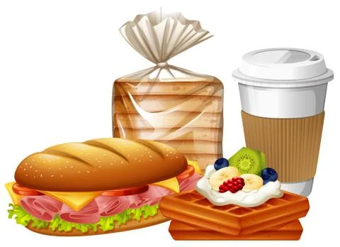 Breakfast set with waffles and bread Stock Illustration