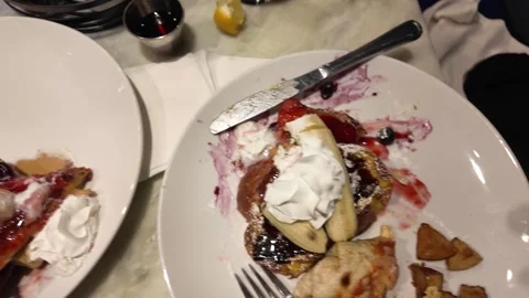 Breakfast Spread Featuring Pancakes Fruit and Whipped Cream Stock Footage 317515129