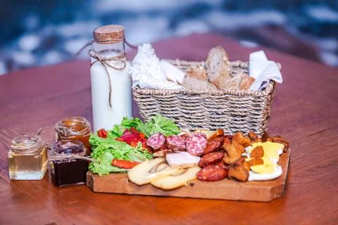 Breakfast Spread with Milk and Bread Stock Photos