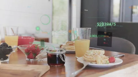Breakfast spread staying while HUD overlays rising left, causing camera pullback Video stock 333837561