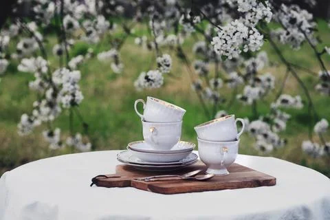Breakfast in the spring garden Stock Photos