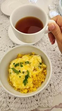 Breakfast table with couscous eggs and cheese Stock Photos