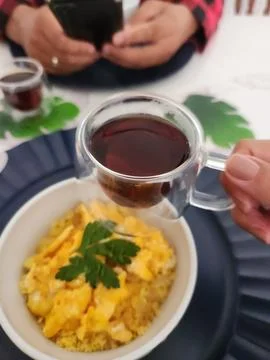Breakfast table with couscous eggs and cheese Stock Photos