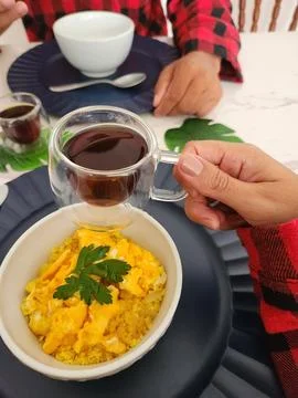 Breakfast table with couscous eggs and cheese Stock Photos