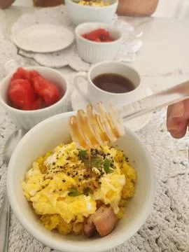 Breakfast table with couscous eggs and cheese Stock Photos