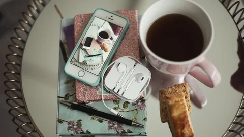 Breakfast on the table croissant shooting on iphone Stock Footage 105483918