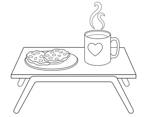 Breakfast table with a cup of coffee and a plate of cookies - vector linear Stock Illustration