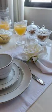 Breakfast table in elegant hotel Stock Photos
