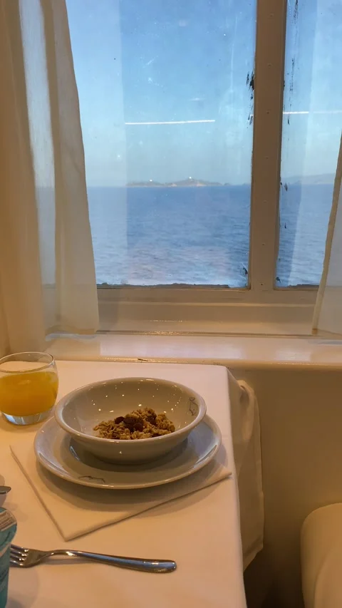 Breakfast Table on Ferry – Scenic Ocean View in Background Stock-Footage 291988959