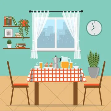 Breakfast table in front of window at home Stock Illustration