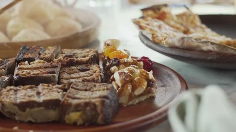 Breakfast Table Full of Gourmet and Delicious Food in the Morning Stock Footage 263965761