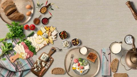 Breakfast table with great vegetable and cheeses from top view Stock Illustration