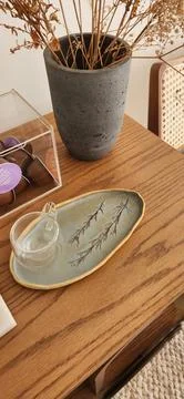 Breakfast table with handmade ceramics Stock Photos
