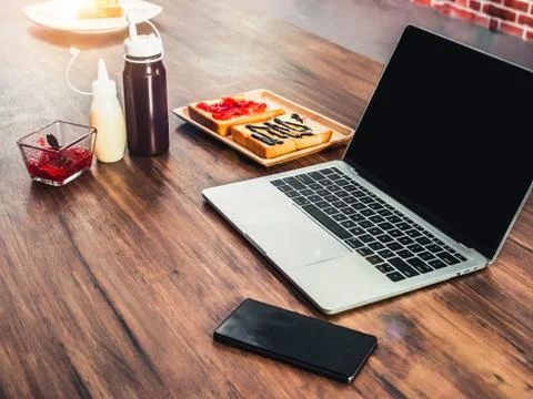Breakfast table of hard work business man that food not enough for body. Stock Photos