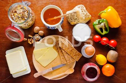 Breakfast table with healthy food Stock-Fotos