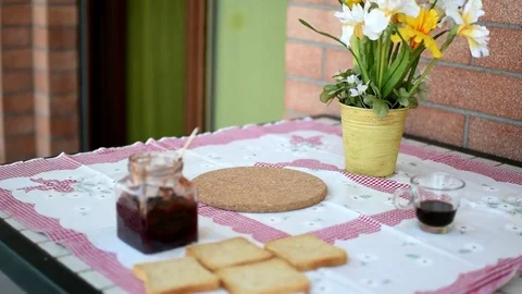 Breakfast table moka jam Stock Footage 76875219