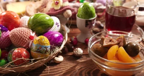 Breakfast Table Ready for Easter Meal. Traditional Easter Breakfast. Stock Footage 148911751
