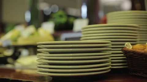 Breakfast table in a restaurant with dishes Stock Footage 71789975