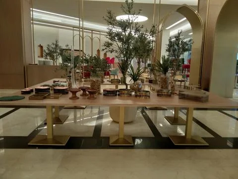 The breakfast table in the restaurant Stock Photos