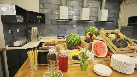 Breakfast table in a small hotel. Fruits, watermelons, bananas. Stock Footage 255766811