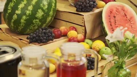 Breakfast table in a small hotel. Fruits, watermelons, bananas. Stock Footage 258027202