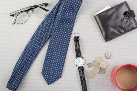 Breakfast table of someone getting ready for work Stock Photos