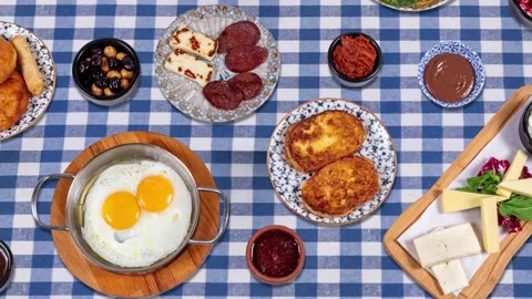 Breakfast table. Traditional Turkish Breakfast Table (Serpme Kahvalti). Stock Footage 235416054