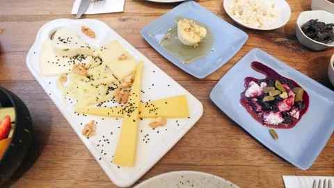 Breakfast table on wooden table Stock Footage 243191465