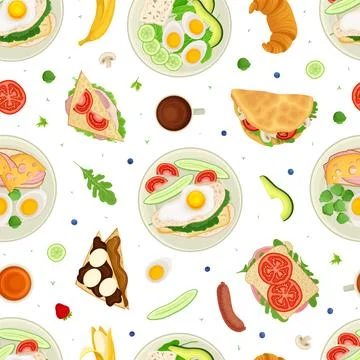 Breakfast Tasty Food Seamless Pattern with Served Meal Vector Template Ilustração Stock
