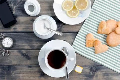 Breakfast with tea and biscuits Stock Photos