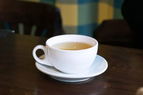 Breakfast tea in a cafe.Cup on a table Stockfoto's