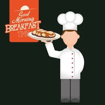 Breakfast time chef man tray pancakes delicious Stock Illustration