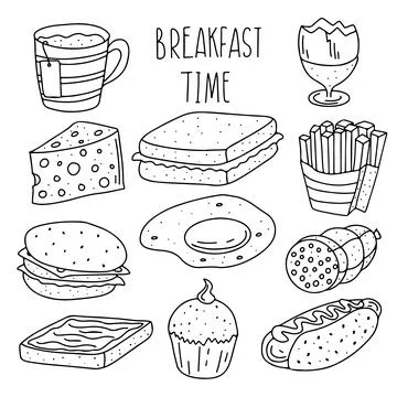 Breakfast time collection in hand drawn doodle style. Morning meal, coffee an Stock Illustration