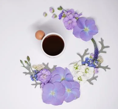 Breakfast time: cup of coffee with hydrangea flowers Stock-Fotos